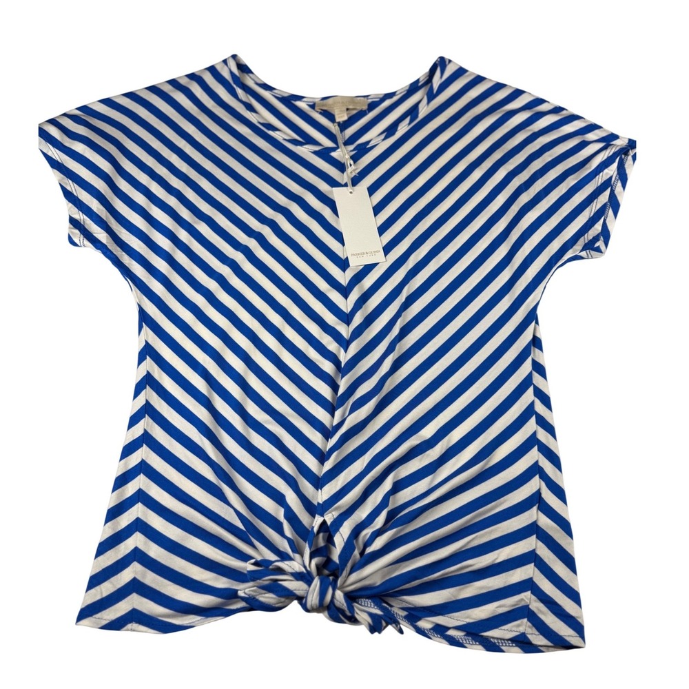 Parker & Quinn Striped Top Womens S Blue White NWT Front Tie Short Sleeve Knot